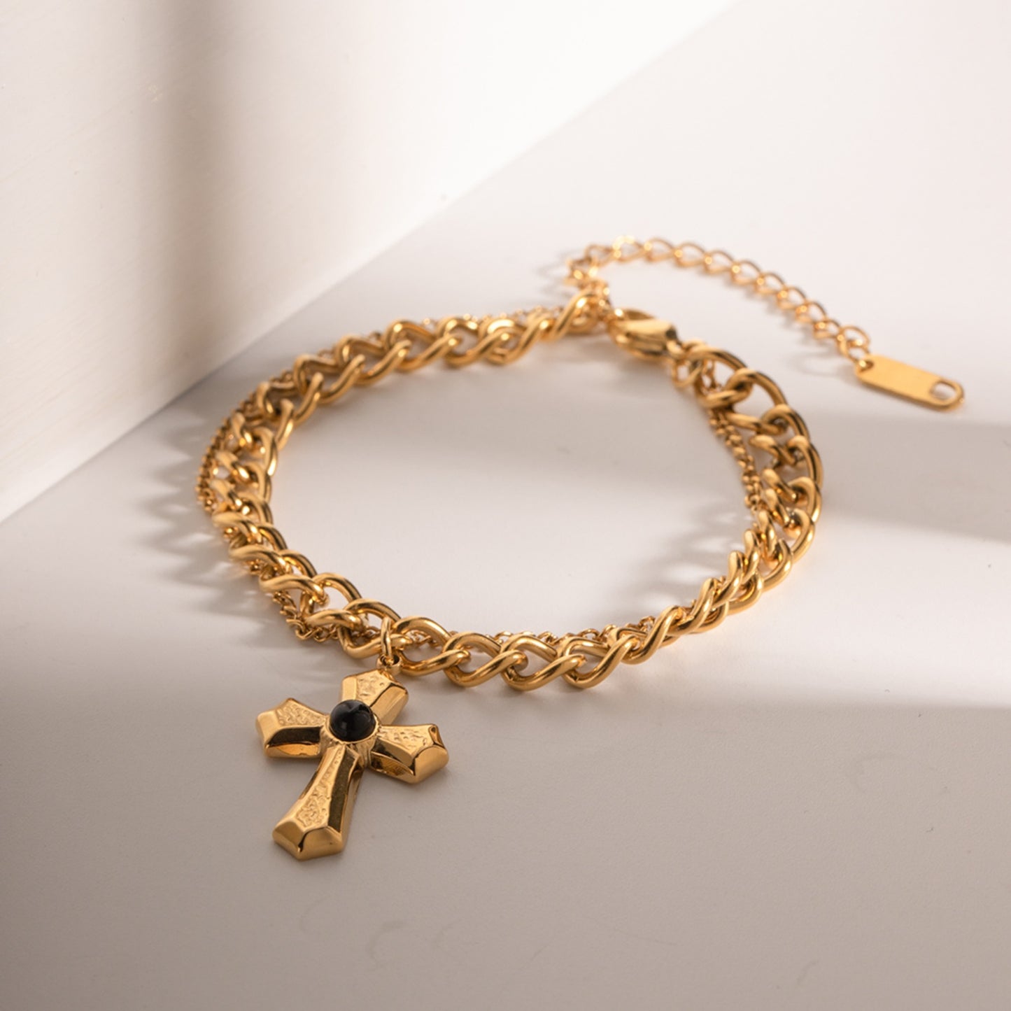 2k Gold Cross Pendant Double Chain Bracelet