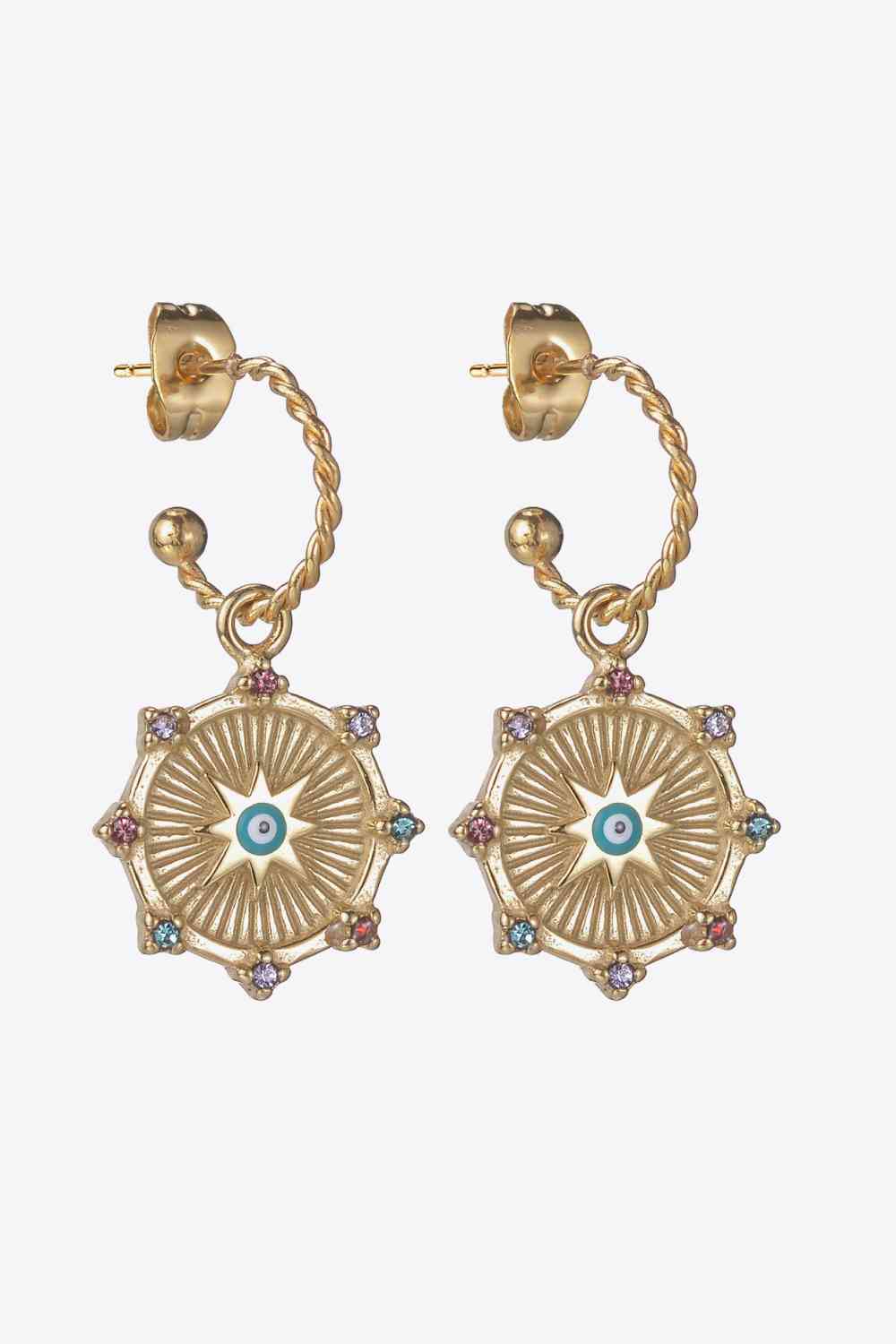 Multicolor Sunburst Evil Eye Twisted C-Hoop Drop Earrings - Que Joyitas