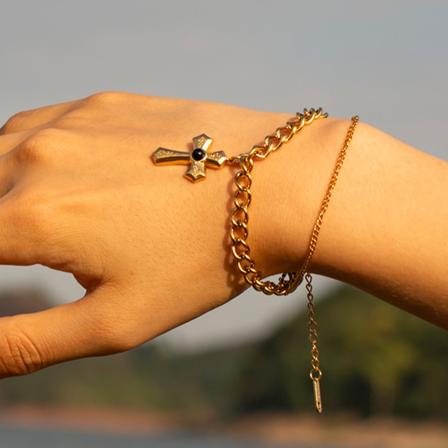 2k Gold Cross Pendant Double Chain Bracelet