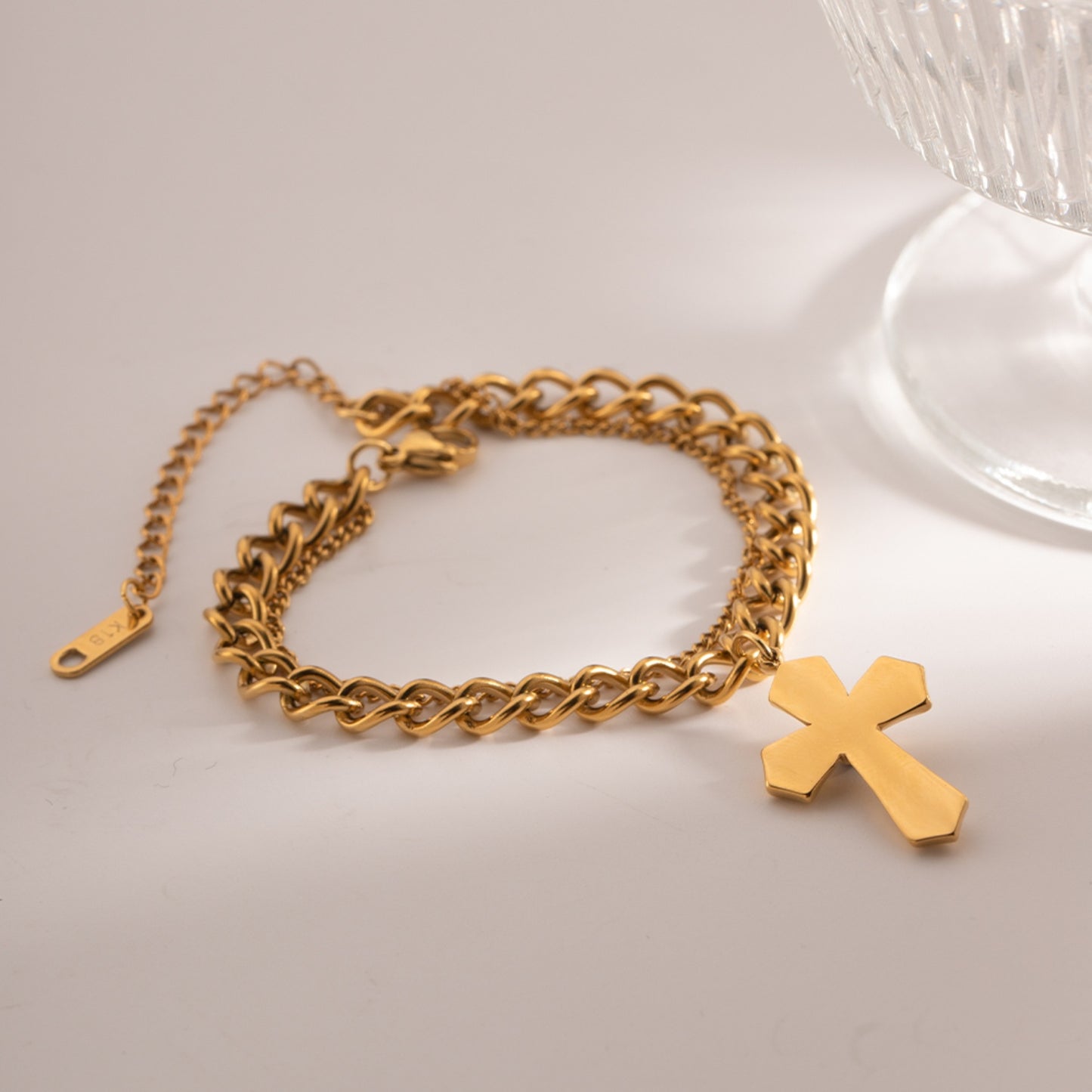 2k Gold Cross Pendant Double Chain Bracelet