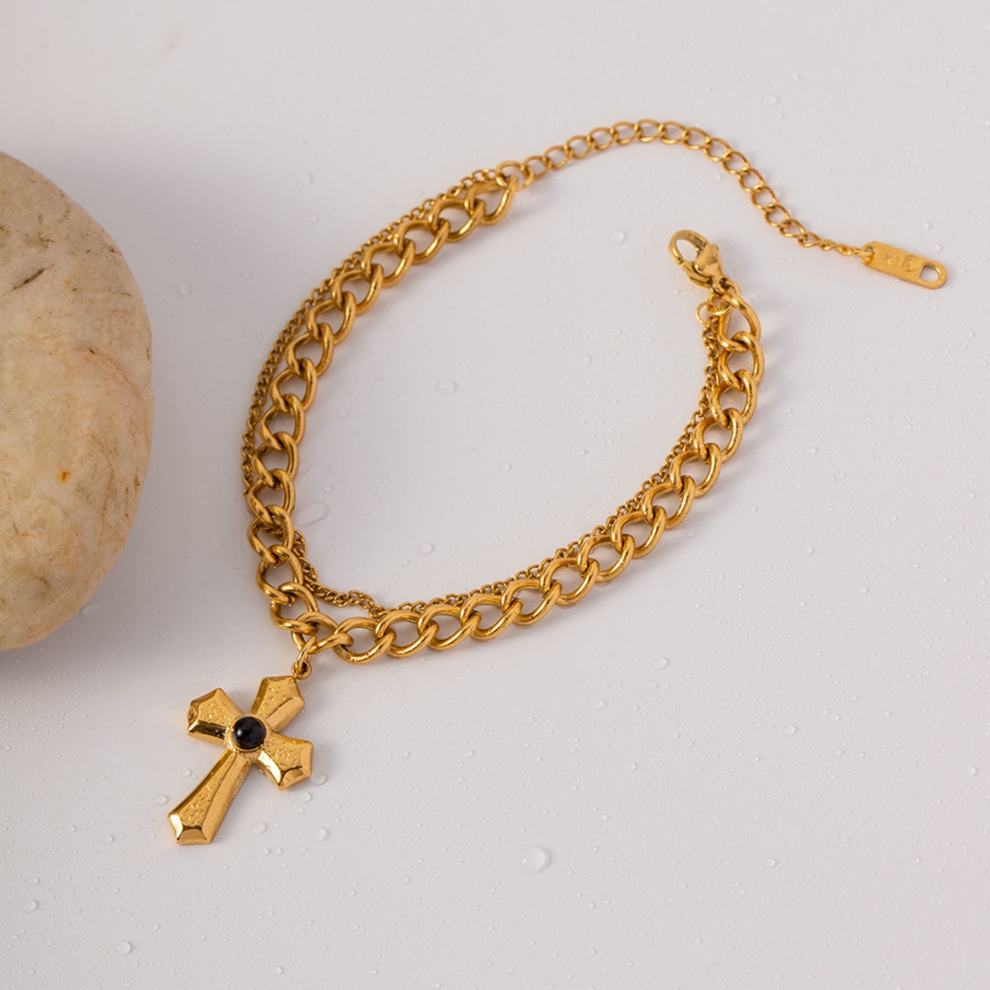 2k Gold Cross Pendant Double Chain Bracelet