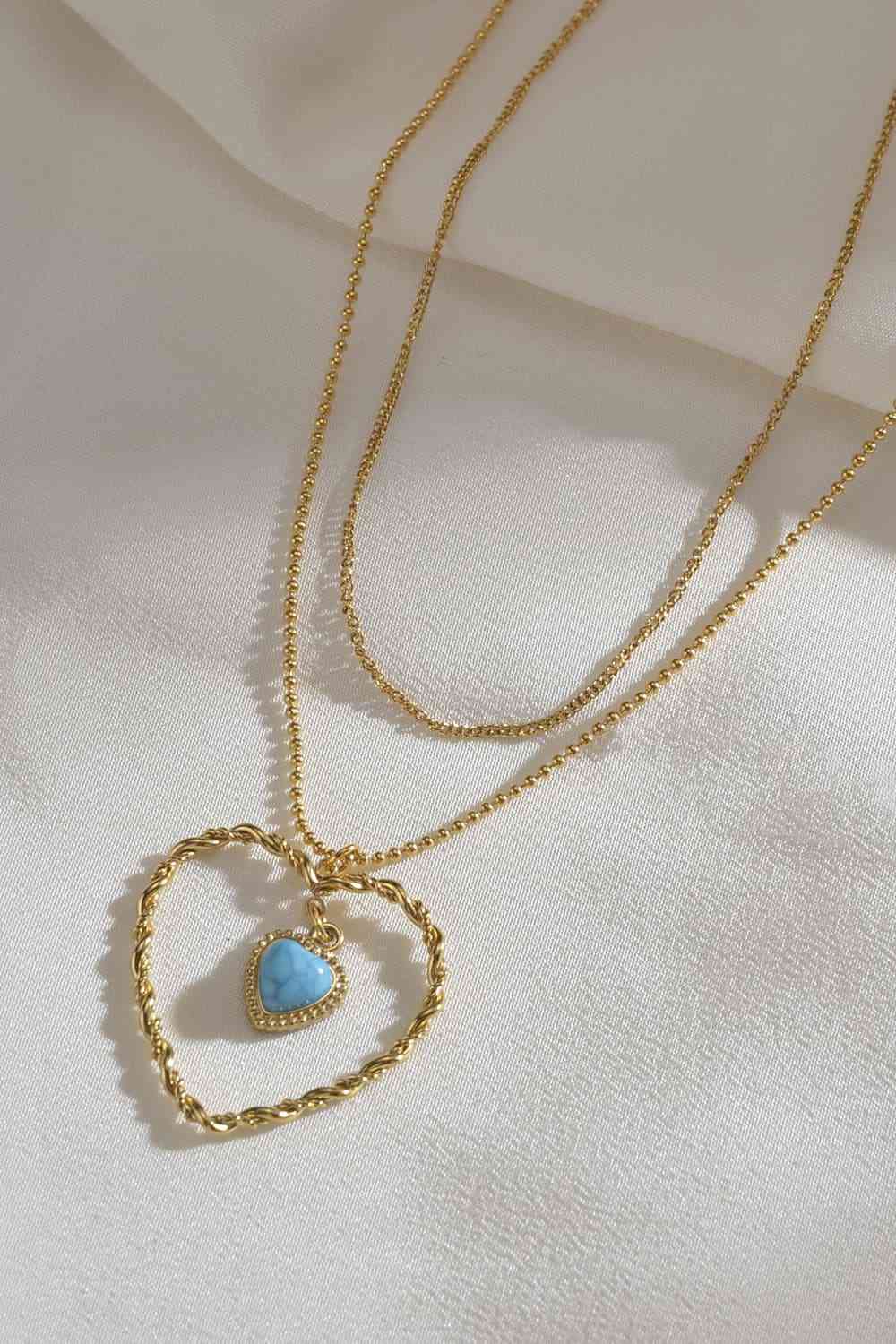 Turquiose Heart Pendant Double Layered Necklace - Que Joyitas