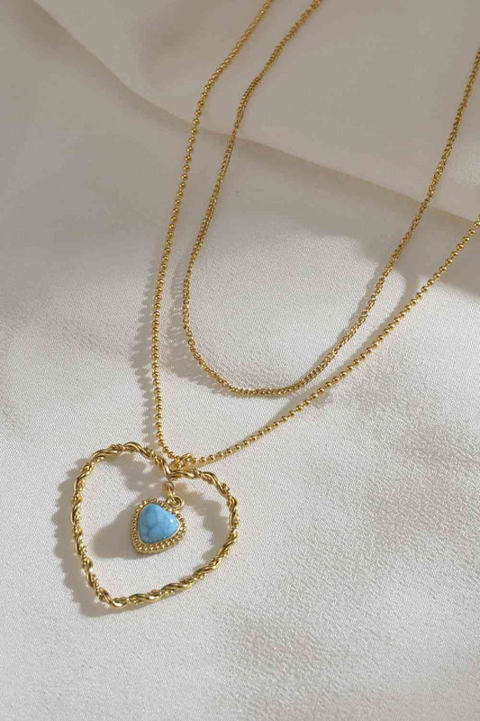 Turquiose Heart Pendant Double Layered Necklace - Que Joyitas