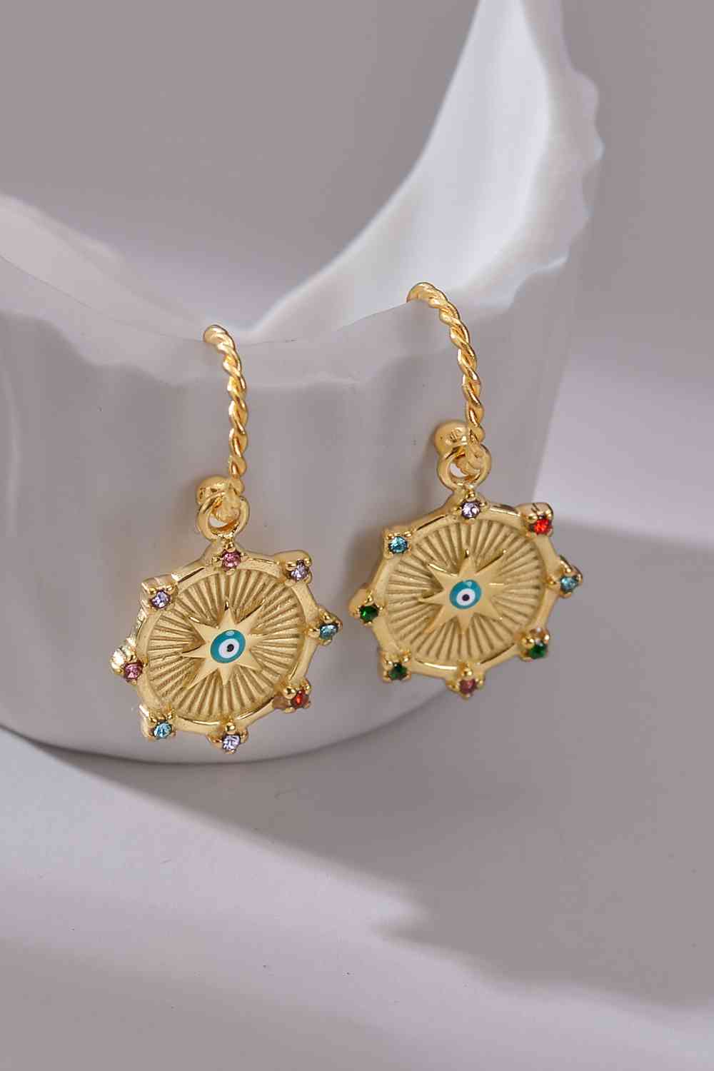 Multicolor Sunburst Evil Eye Twisted C-Hoop Drop Earrings - Que Joyitas
