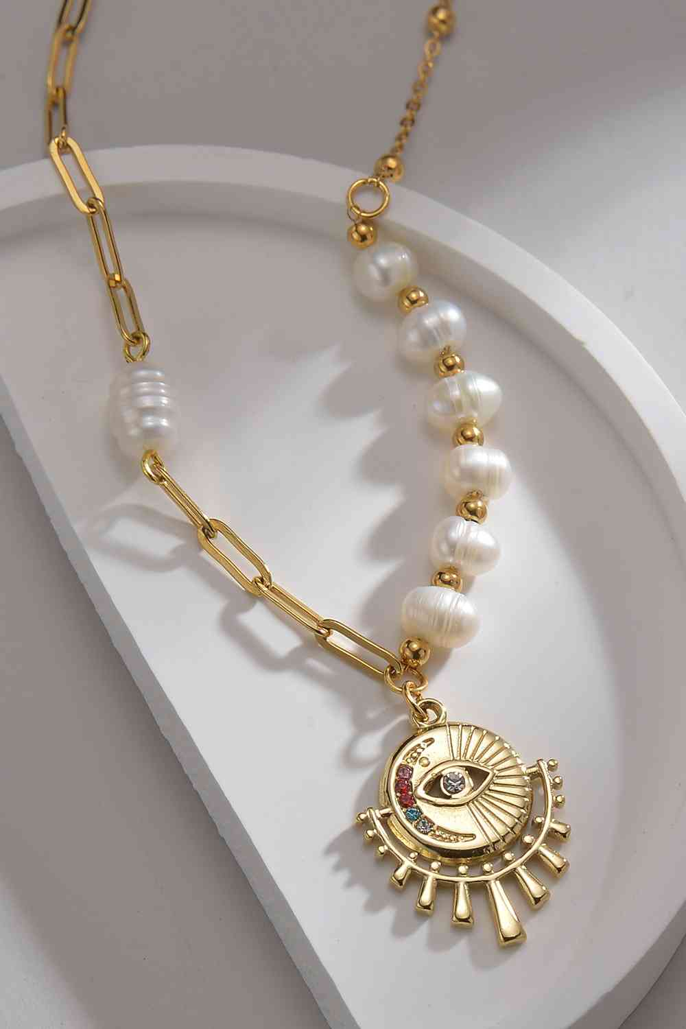 Pearl Evil Eye Pendant Stainless Steel Necklace - Que Joyitas