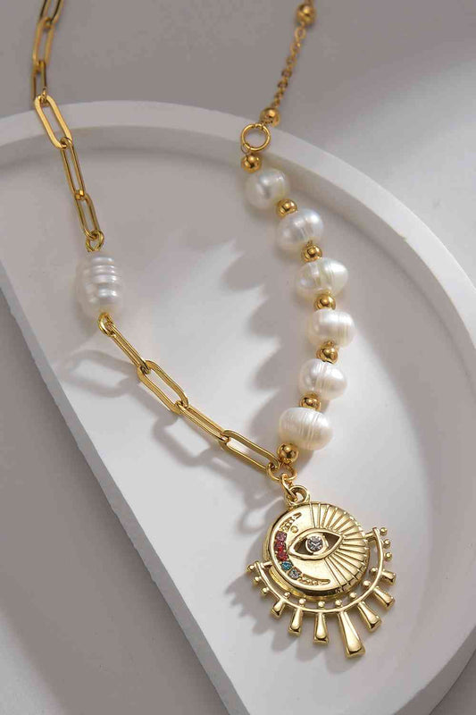 Pearl Evil Eye Pendant Stainless Steel Necklace - Que Joyitas