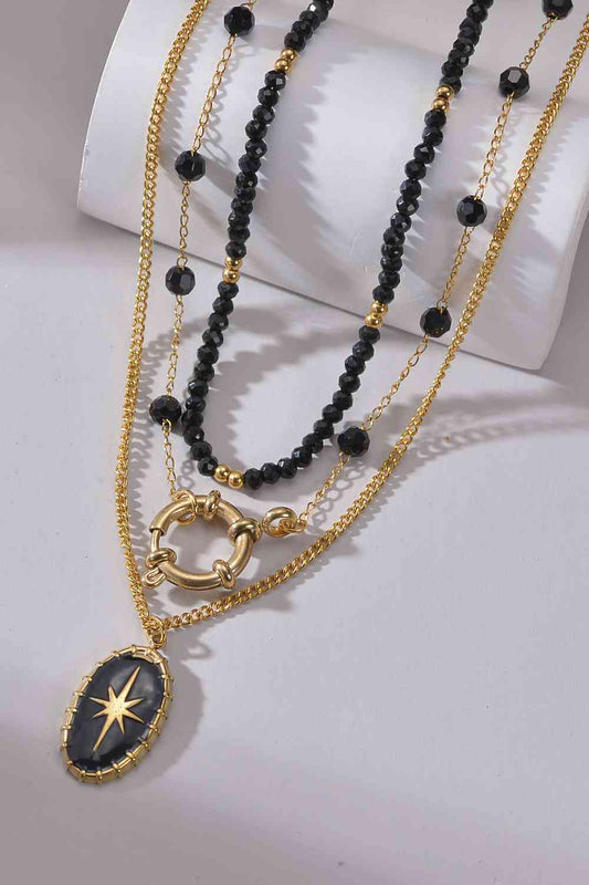 Black Stardust Beaded Three-Piece Stainless Steel Necklace Set - Que Joyitas