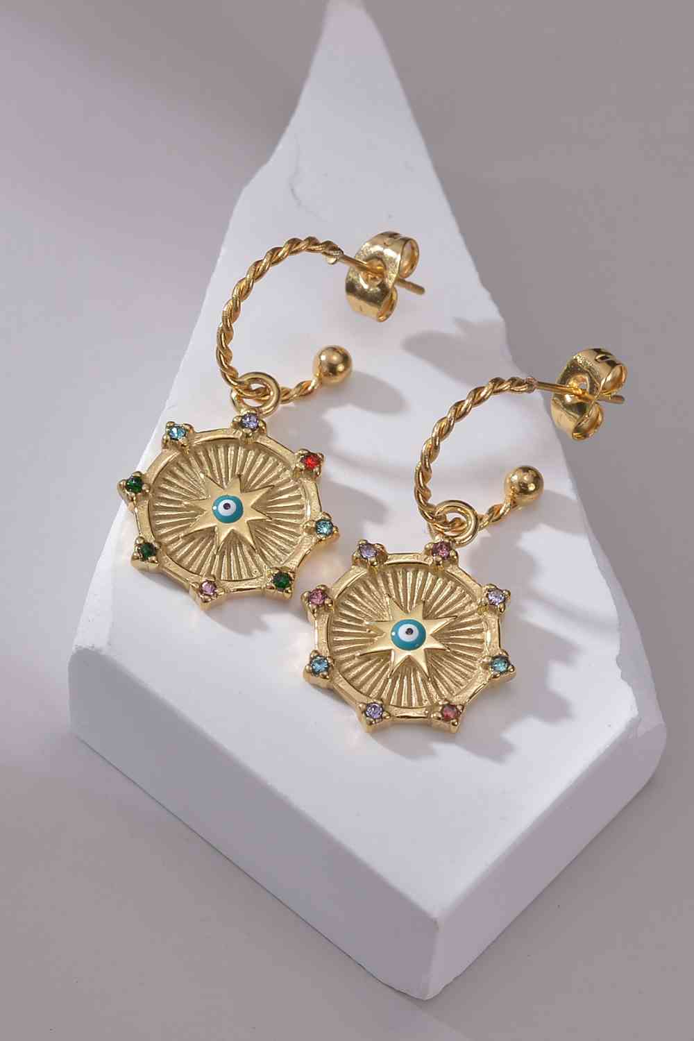 Multicolor Sunburst Evil Eye Twisted C-Hoop Drop Earrings - Que Joyitas