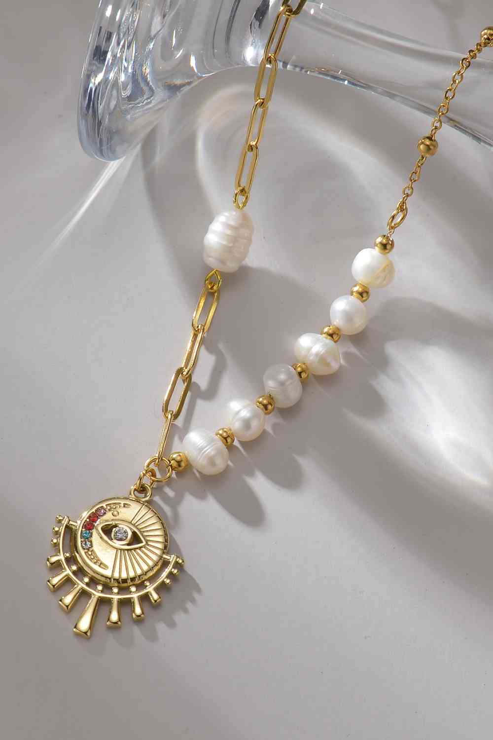 Pearl Evil Eye Pendant Stainless Steel Necklace - Que Joyitas