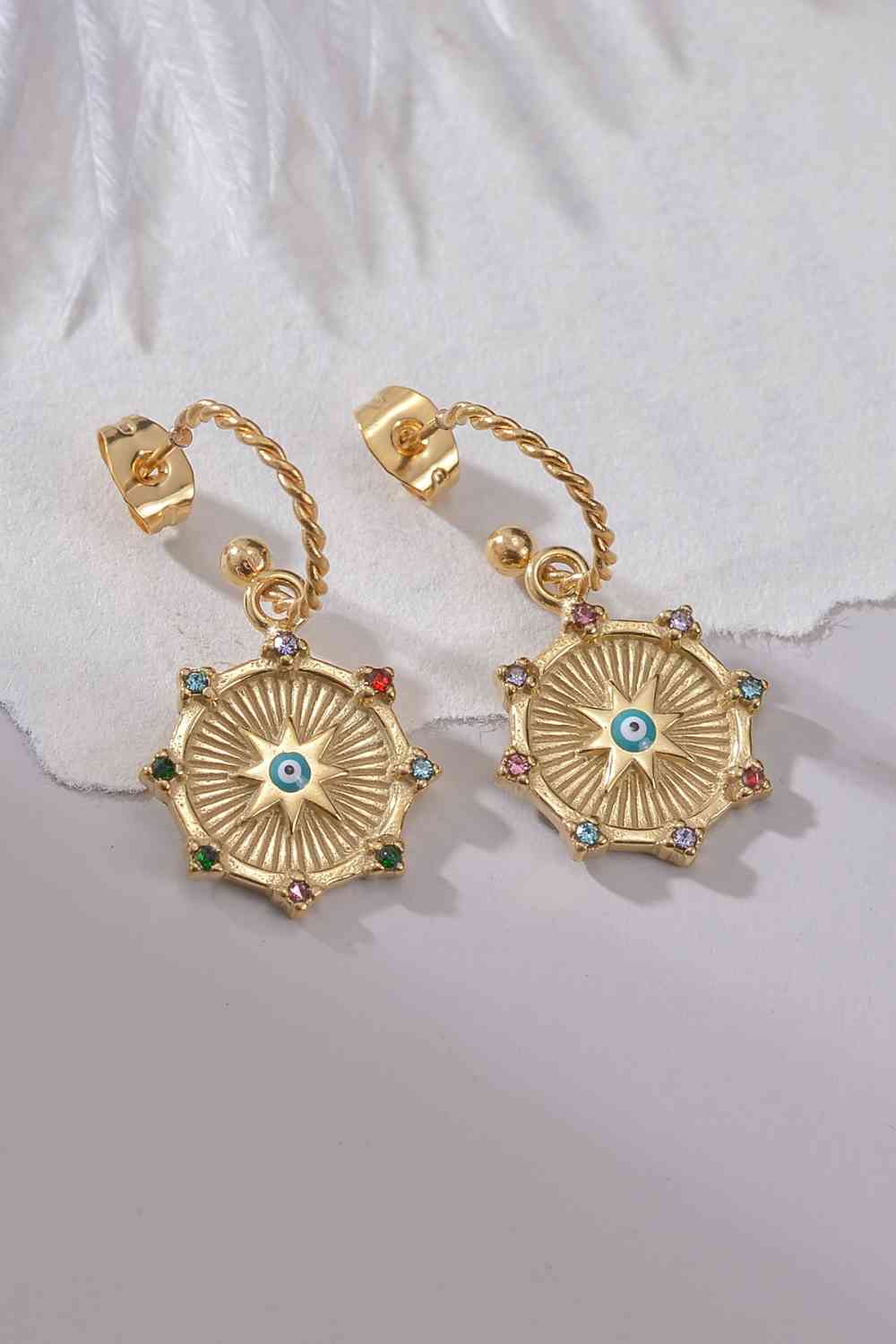 Multicolor Sunburst Evil Eye Twisted C-Hoop Drop Earrings - Que Joyitas