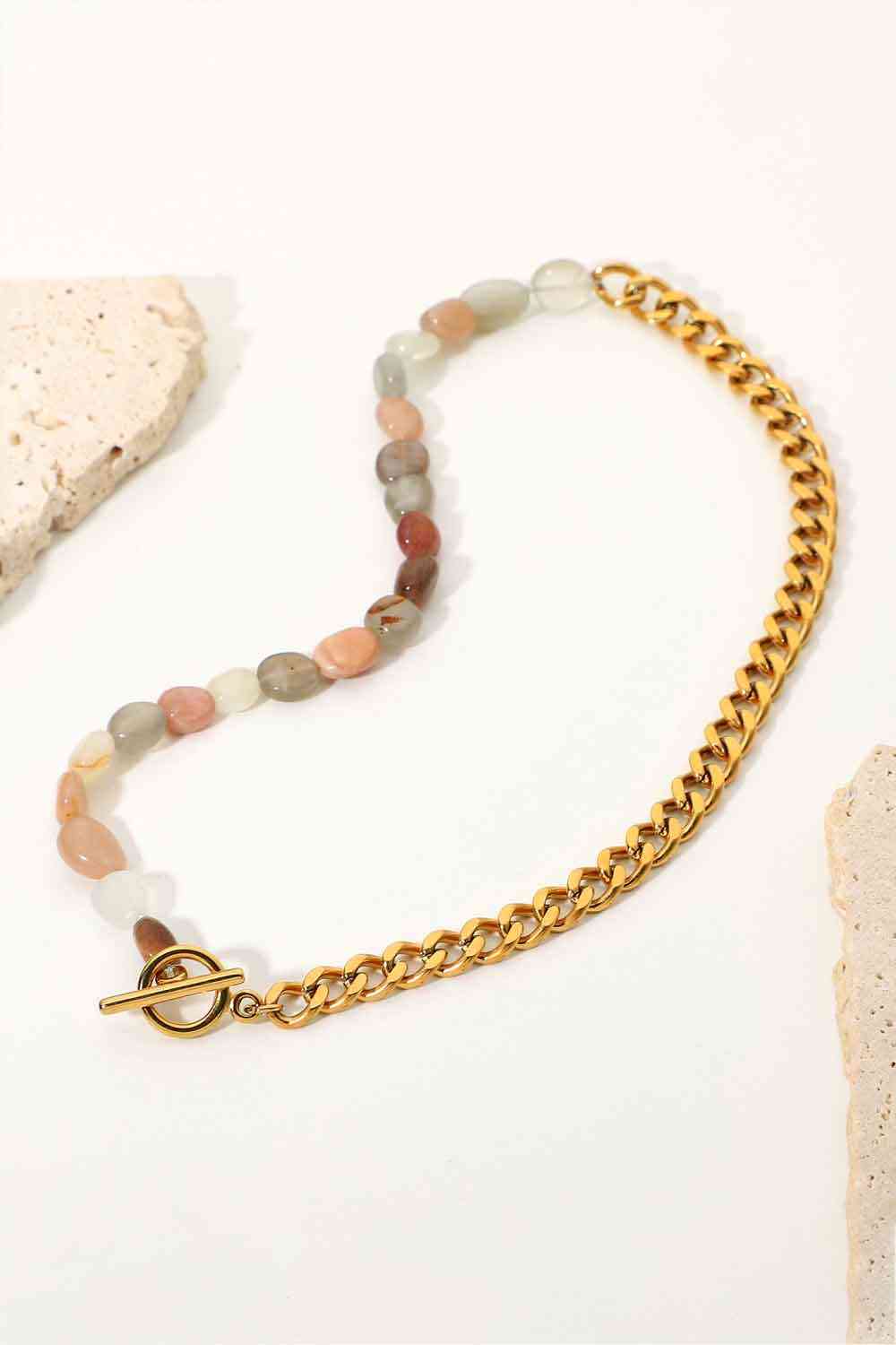 Stainless Steel Half Bead Half Chain Necklace - Que Joyitas