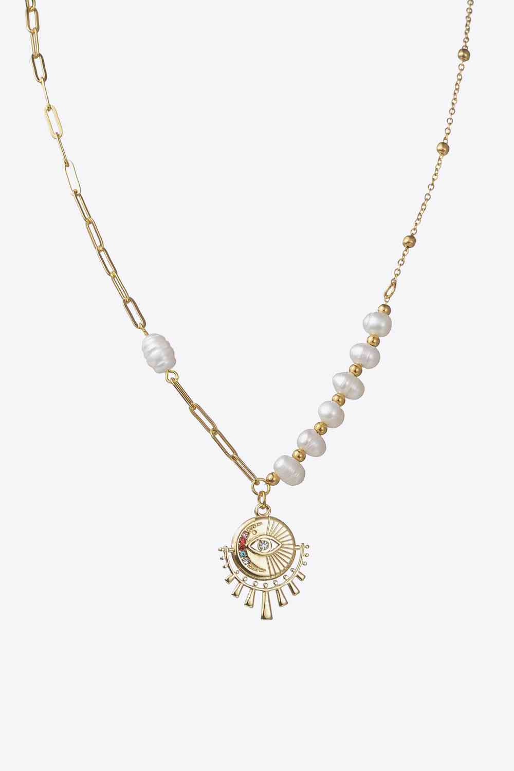 Pearl Evil Eye Pendant Stainless Steel Necklace - Que Joyitas